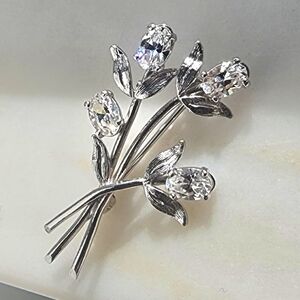 True Vintage 925 Sterling Silver CZ Floral Flowers Brooch Pin